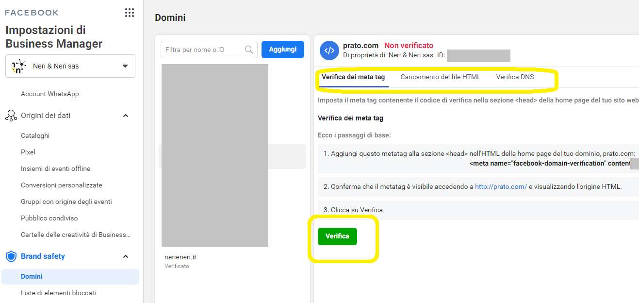 schermata Facebook verifica dominio 3